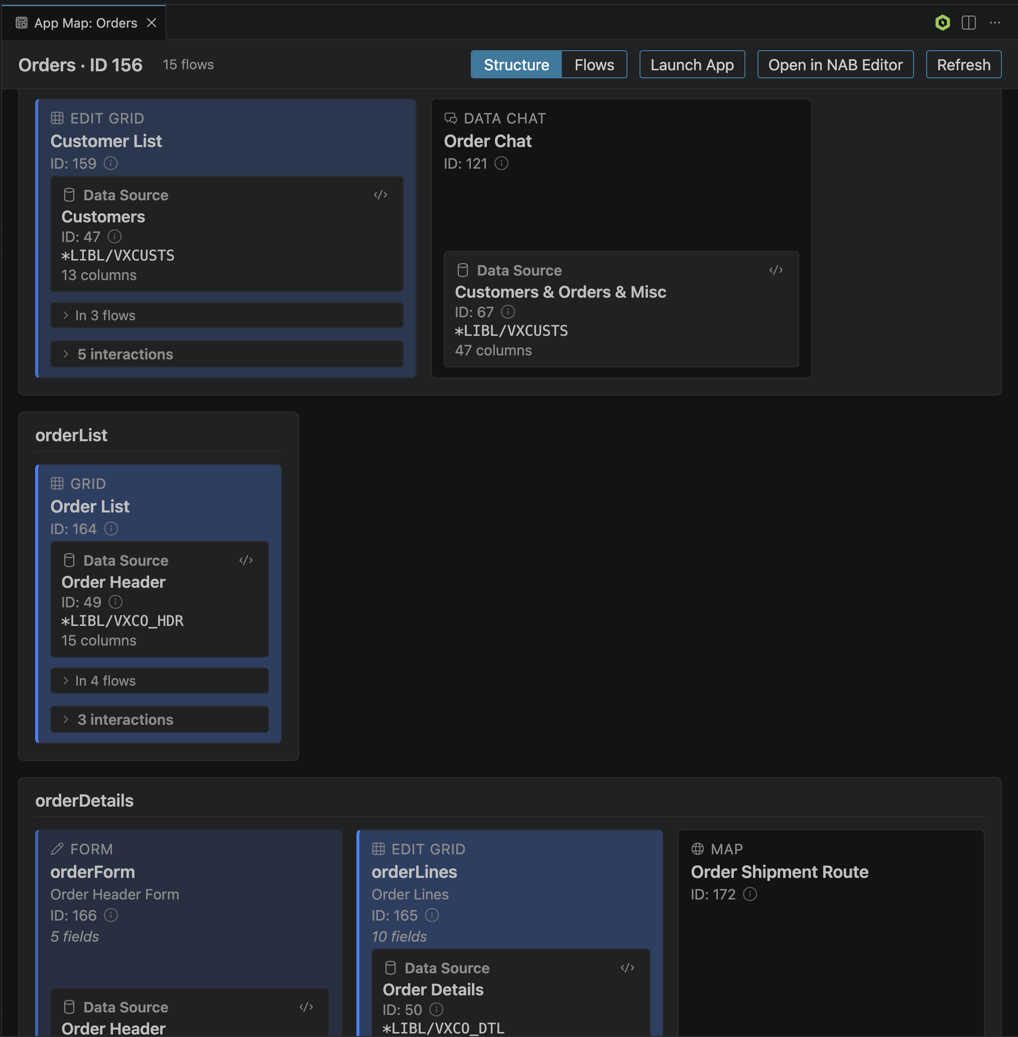 App Map — an interactive diagram of a NAB application's sections, widgets, and interaction flows
