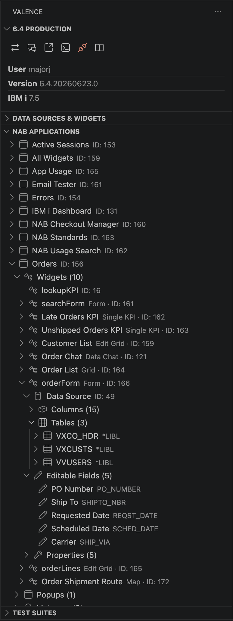 The Valence sidebar tree expanded — a NAB app drilled into its widgets, data source, columns, tables, and editable fields
