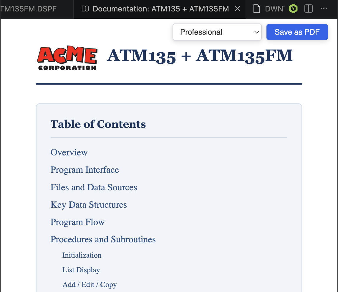 Generated technical documentation with themed styling and PDF export