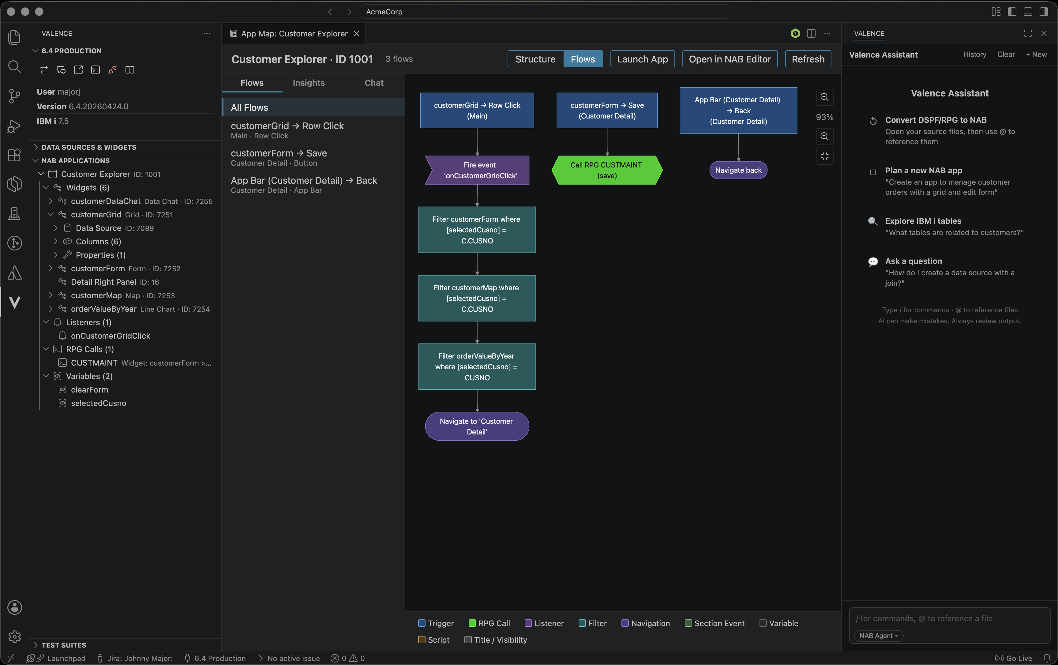 Valence Tools in VS Code — connected sidebar showing the NAB application trees and the AI Chat panel